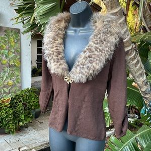 Leopard faux fur collar jewel, front cardigan by Karen Kane